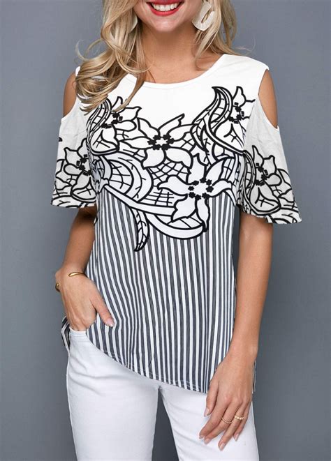 Flower Print Cold Shoulder Striped Blouse Blouses For Women Trendy