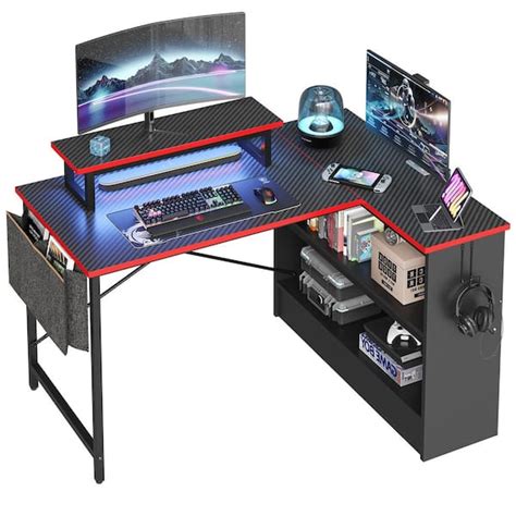 Bestier 42.1 in. LED Gaming Desk with Storage Shelf and Monitor Stand Black Carbon Fiber ...