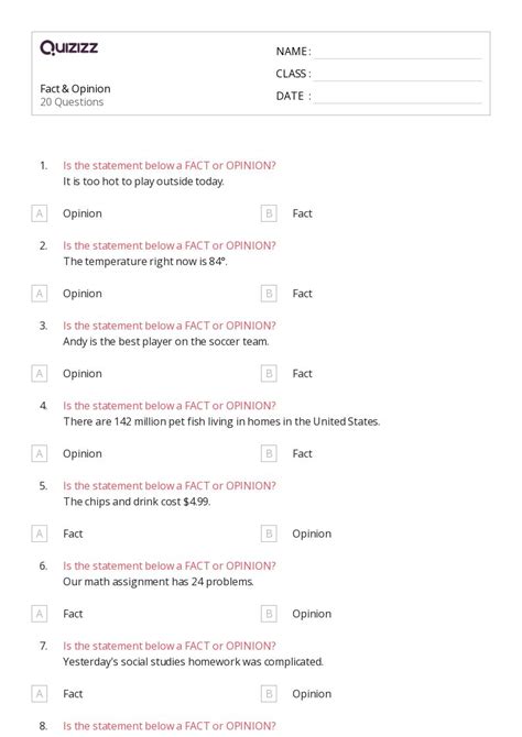 50 Fact Vs Opinion Worksheets For 1st Grade On Quizizz Free And Printable