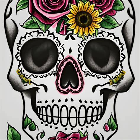 Sugar Skull with Roses and Sunflowers · Creative Fabrica