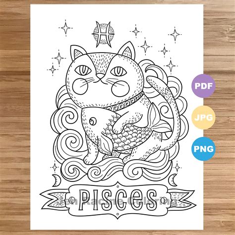 Pisces Cat Coloring Page Zodiac Animal Art Cats Astrology Etsy Uk