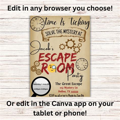 Escape Room Birthday Invitation Customizable Invite Editable