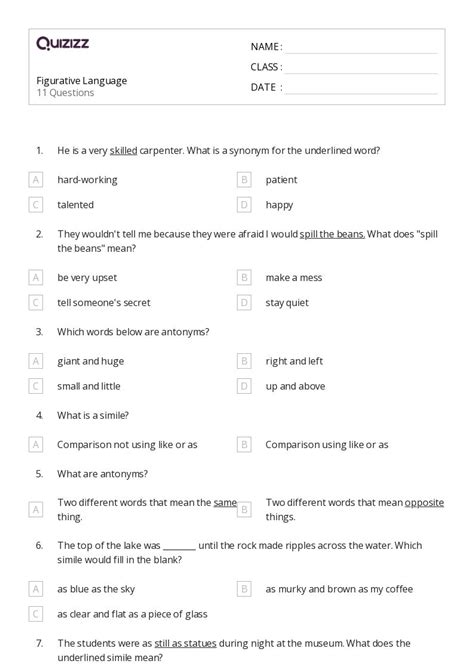 50 Figurative Language Worksheets For 4th Grade On Quizizz Free And Printable