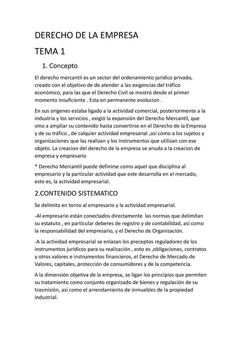 Dercho De La Empresa Apuntes Derecho De La Empresa Tema 1 1 Concepto El Derecho Mercantil Es