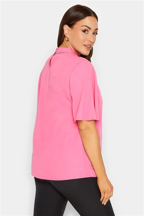M Co Hot Pink Embellished Neck Keyhole Blouse M Co