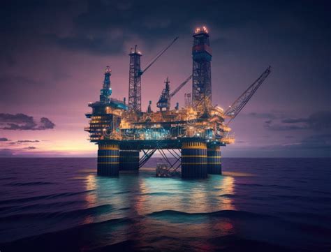 Oil Rig Platform In Open Sea On Beautiful Sunset Oil Production