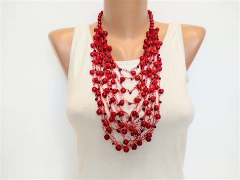 Red Crochet Seed Bead Necklace For Womenmulti Layer Wood Bead Etsy