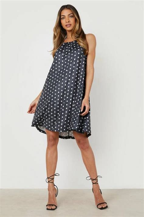 Womens Slinky Polka Dot Strappy Swing Dress Boohoo Uk