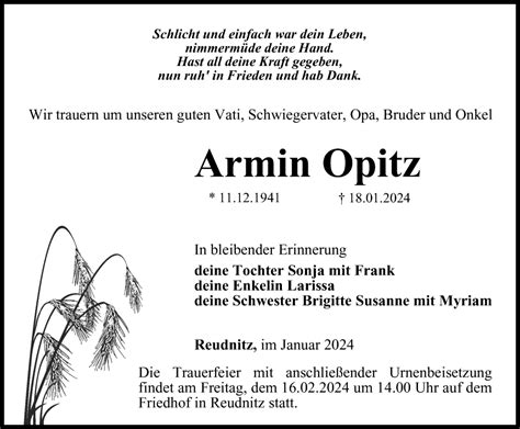 Traueranzeigen Von Armin Opitz Trauer In Thueringen De