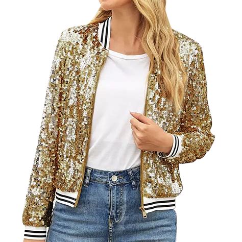 Dyfzdhu Women Sequin Jacket Trendy Long Sleeve Shiny Sequins Casual Plus Size Bomber Jackets