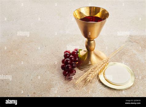 Easter Communion Still Life With Chalice Of Wine And Bread Stock Photo