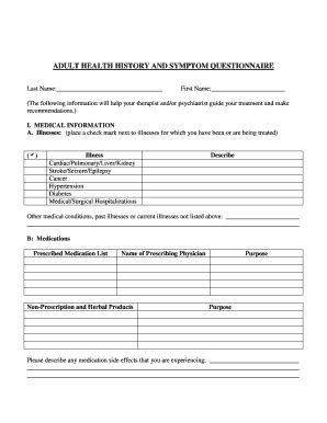 Fillable Online Adult Health History And Symptom Questionnaire Fax