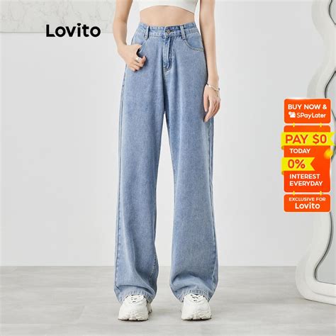 Lovito Women Casual Plain Full Length High Waist Basic Front Zip Jeans