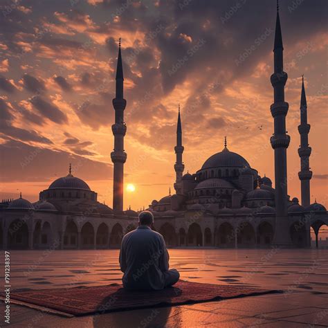 Muslim Praying To Allah In Front Of Islam Iconic Mosque Al Haram