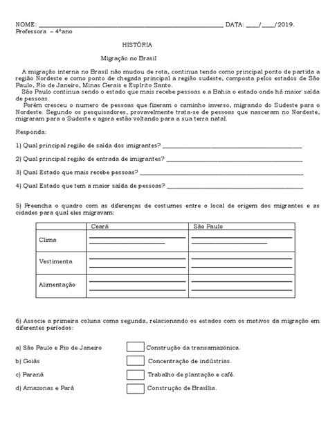 Atividade De Historia 4 Ano Migração - 4 Ano História 4º Ano Migração No Brasil | PDF | Imigração | Brasil