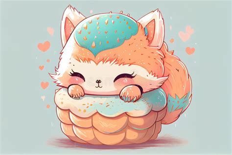 Cute Adorable Kawaii Fox Sleeping Greeting Cartoon Doodle Stock