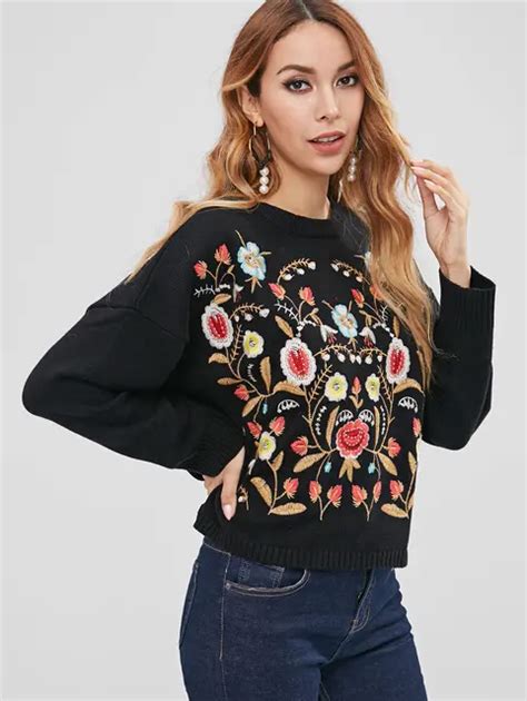 Buy Zaful Flower Embroidery Crew Neck Sweater Loose Fit Sweater From Reliable