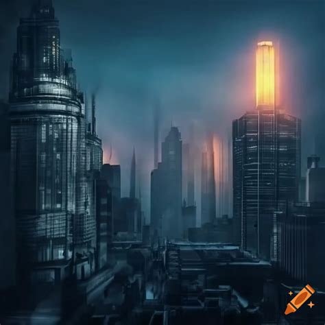 Dystopian Cityscape With Dramatic Lighting On Craiyon