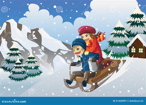 Kids sledding in the snow stock vector. Illustration of drawing - 21424997