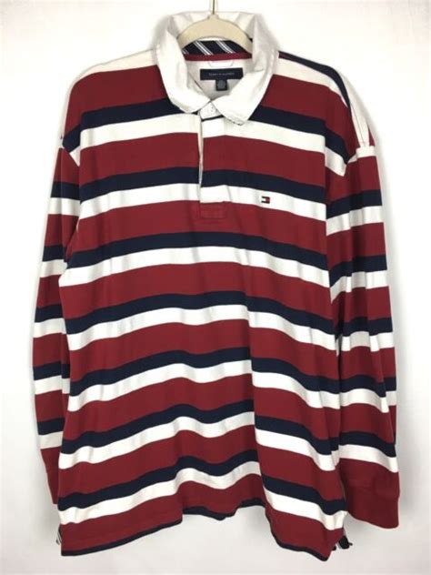 Tommy Hilfiger Mens Xxl Red White Blue Long Sleeve Striped Polo Shirt