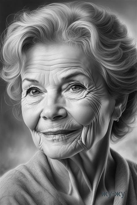 An Older Woman Smiling With Her Eyes Wide Open In Black And White