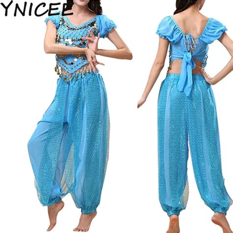 Womens Belly Dance Costume Set Sequin Tops With Harem Trousers Crop Top