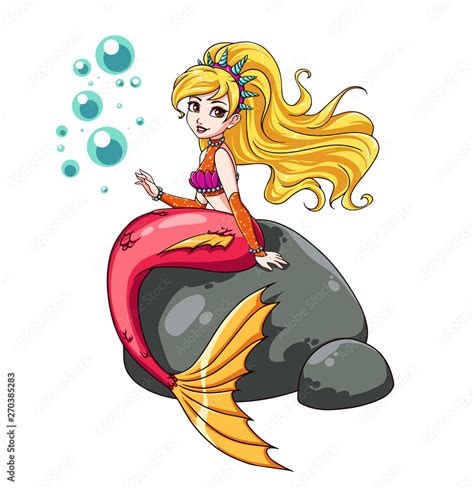 Cute Mermaid Sitting On Rock Crown With Shells Wavy Blonde Hair Shiny Shirt Pink Tail Hand