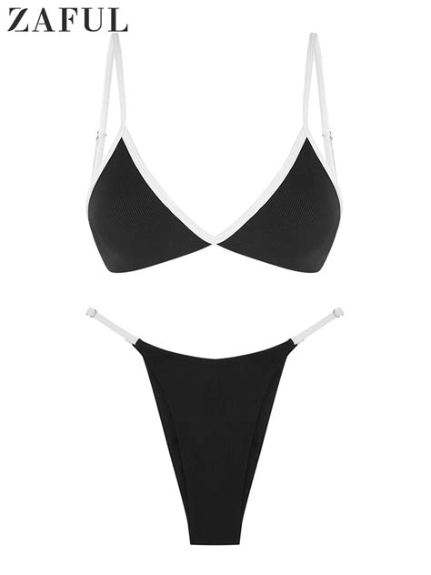 Zaful Bikini Acanalado De Dos Piezas En Color Negro Y Blanco Traje De