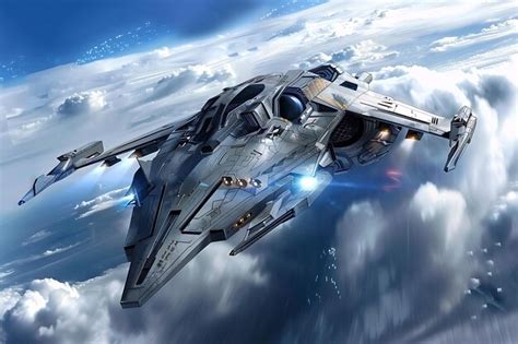 Futuristic Spaceship Flying Through Clouds Premium AI Generated Image