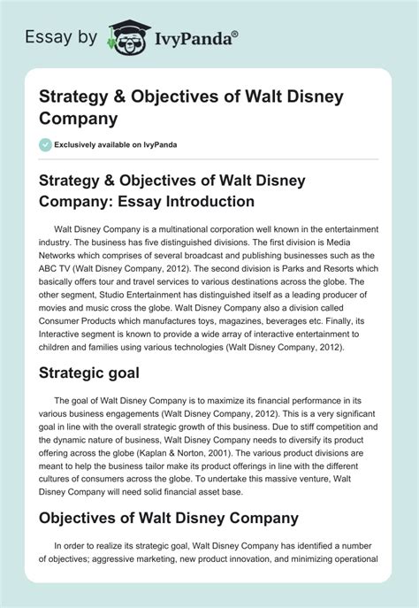 Walt Disney Company Strategy And Objectives Words Essay Example