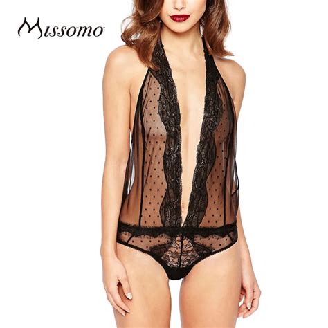 Missomo New Fashion Women Black Sexy Lace Halter Semi Sheer Trim