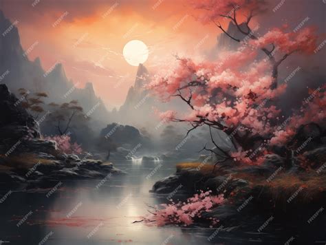 Premium Photo Majestic Sunset In Cherry Blossom Mountain Valley