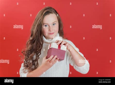 Happy Excited Child Holding Christmas T Box Child Giving A