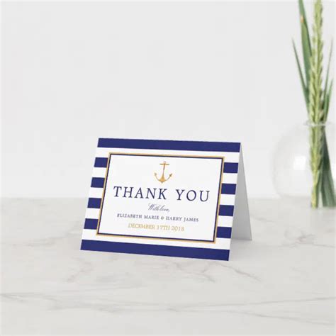 Vintage Nautical Gold Anchor Navy And Gold Wedding Thank You Card Zazzle