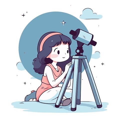 Una niña linda mirando a través de un telescopio ilustración de dibujos