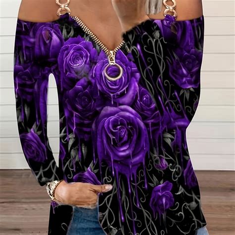 Floral Print Cold Shoulder T Shirt Casual Chain Strap Zip Up V Neck T