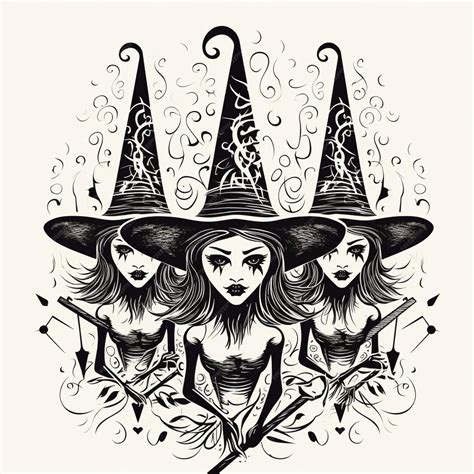 Premium Ai Image Three Witches With Hats And Brooms On Their Heads