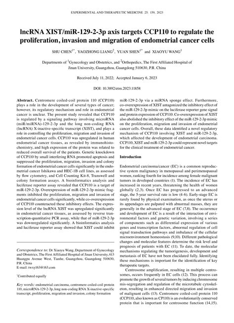 PDF LncRNA XIST MiR12923p Axis Targets CCP110 To Regulate The