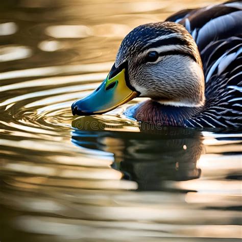 Close Up Of A Duck Swimming In Water With Ripples And Reflections