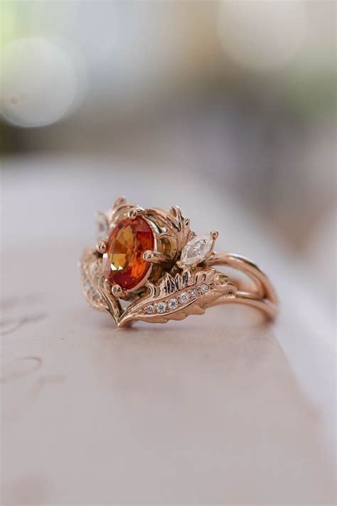 Orange Sapphire Engagement Ring Leaves Ring With Diamonds Nature