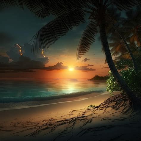 Premium AI Image | A painting of a beach with a sunset and a palm tree ...