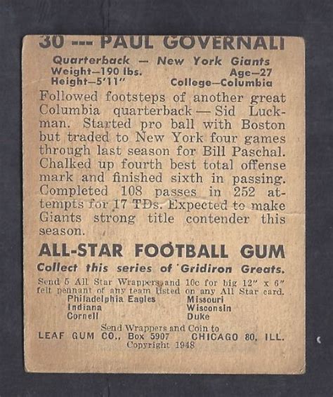 Lot Detail Paul Governali Ny Giants Leaf Football Card