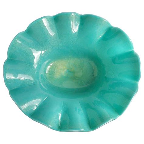 Murano Teal Green And Gold Flecks Italian Art Glass Footed Centerpiece Bowl For Sale At 1stdibs