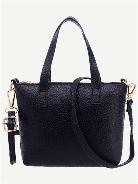 Black Pebbled Faux Leather Tote Bag With Strap Leather Handbags Women