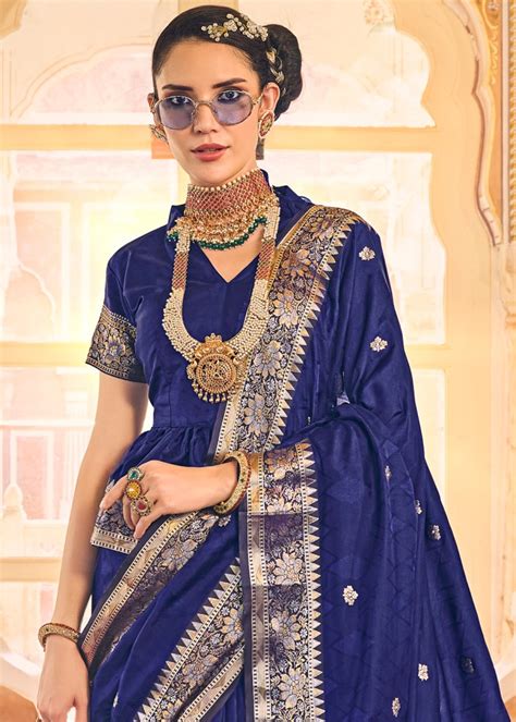 Royal Blue Woven Kanjivaram Satin Silk Saree Urban Womania