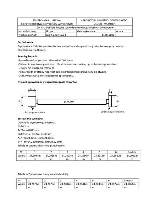 Metrologia Sprawozdanie Politechnika Lubelska Kierunek Robotyzacja
