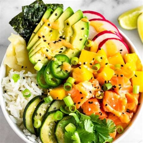 Salmon Poke Bowl with Spicy Mayo (Gluten-Free) - Eat the Gains