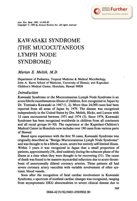 Kawasaki Syndrome The Mucocutaneous Lymph Node Syndrome Annual Reviews