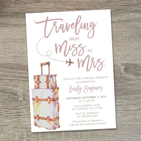 Traveling From Miss To Mrs Bridal Shower Invitation Miss To Mrs Rose