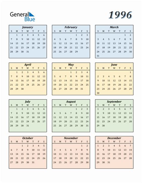 1996 Full Year Calendar